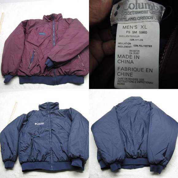 Vintage Columbia Jacket Mens XL Blue Maroon Insulated Reversible Full Zip Bomber - Picture 1 of 12